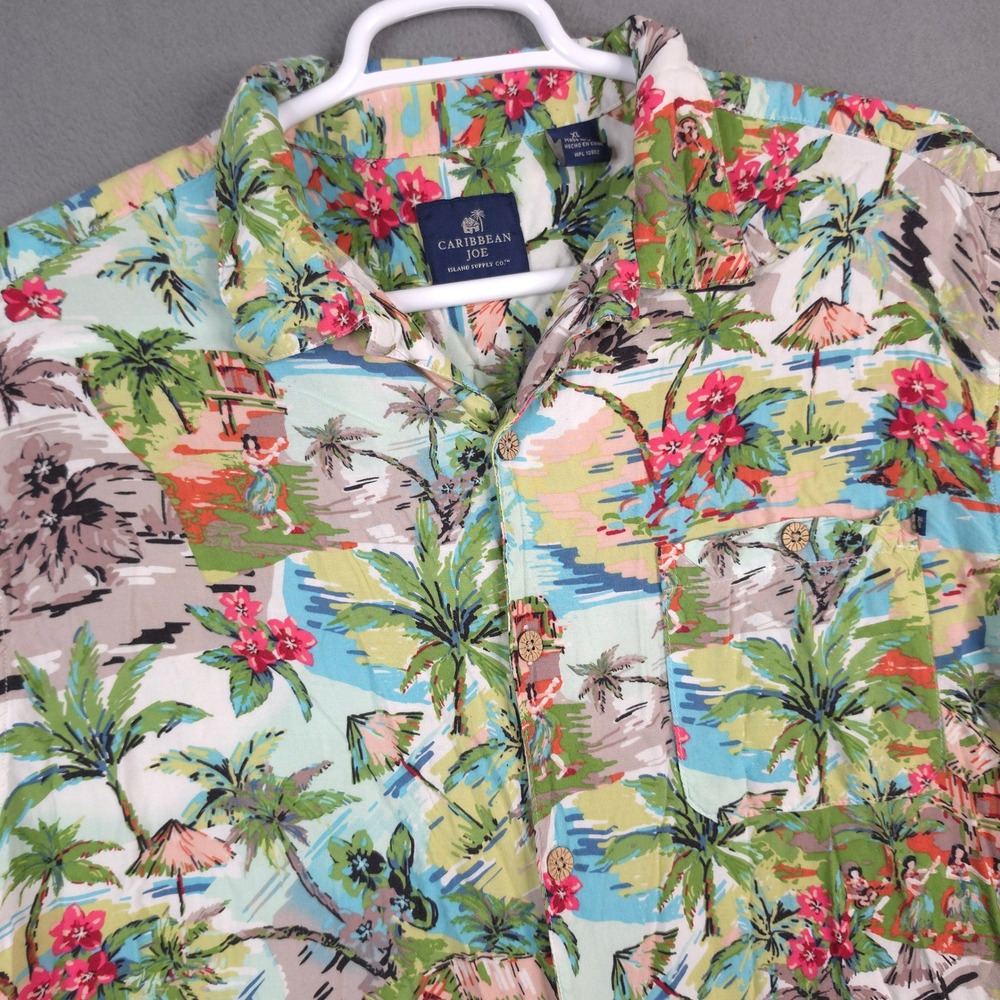 Caribbean Joe Mens XL Hawaiian Shirt Rayon Hula Girl Palm Tree Loop Collar Multi